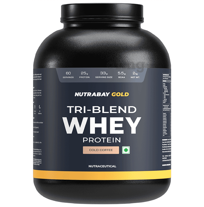 Nutrabay Gold Tri-Blend Whey Protein for Muscle Recovery & Immunity | No Added Sugar | Flavour Powder Cold Coffee