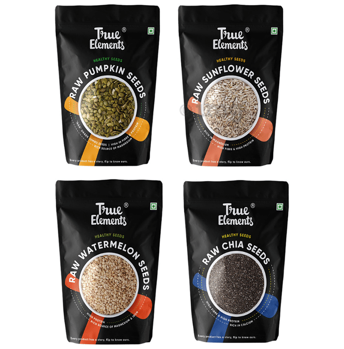 True Elements Combo Pack of Raw Pumpkin Seeds, Raw Sunflower Seeds, Raw Watermelon Seeds & Raw Chia Seeds for Great Gigestive Health (150gm Each)