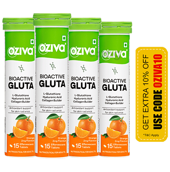oziva bioactive glutathione Gluta Fizzy-5 Potent Antioxidants | tablets For Radiance & Hydration| With Hyaluronic Acid, Lycopene, Astaxanthin Refer to the pack for complete ingredient information and suggested use OZiva Bioactive Gluta Fizzy (L-Glutathione)