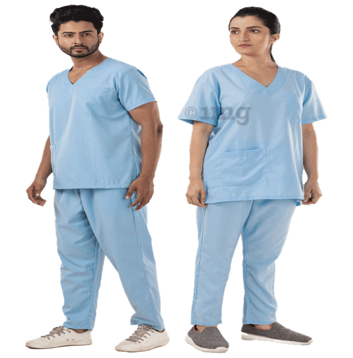 Agarwals Unisex Light Sky Blue V-Neck Scrub Suit Top and Bottom Uniform Ideal  Small