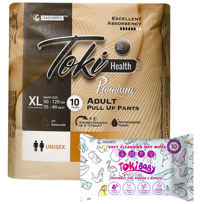 Toki Health Combo pack of Adult Diaper Extra Large (10) & Wet Wipes (10)