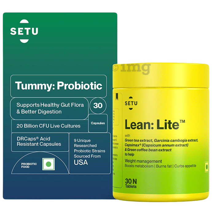 Setu Combo Pack of Tummy: Probiotic 20 Billion CFU Live Cultures Capsules (30 Each) & Lean: Lite Weight Management  Tablets (30 Each)