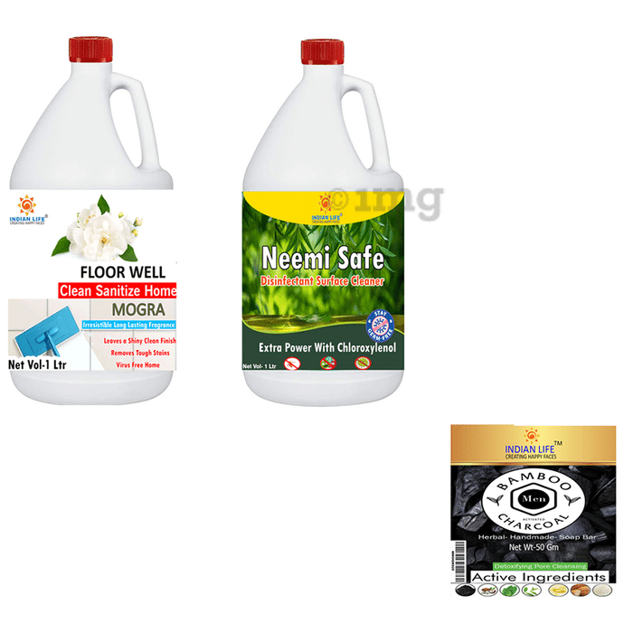 Indian Life Combo Pack of Floor Well Disinfectant Mogra (1ltr) & Neemi Safe Disinfectant (1ltr) with Charcoal Soap Free