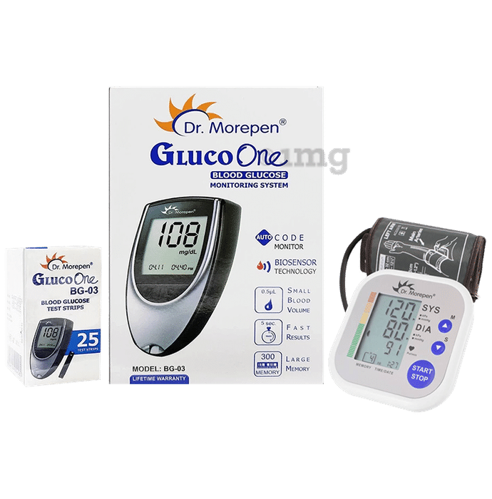 Combo Pack of Dr Morepen BG 03 Gluco One Glucose Monitoring System with 25 Test Strip & Dr Morepen BP 02 Blood Pressure Monitor