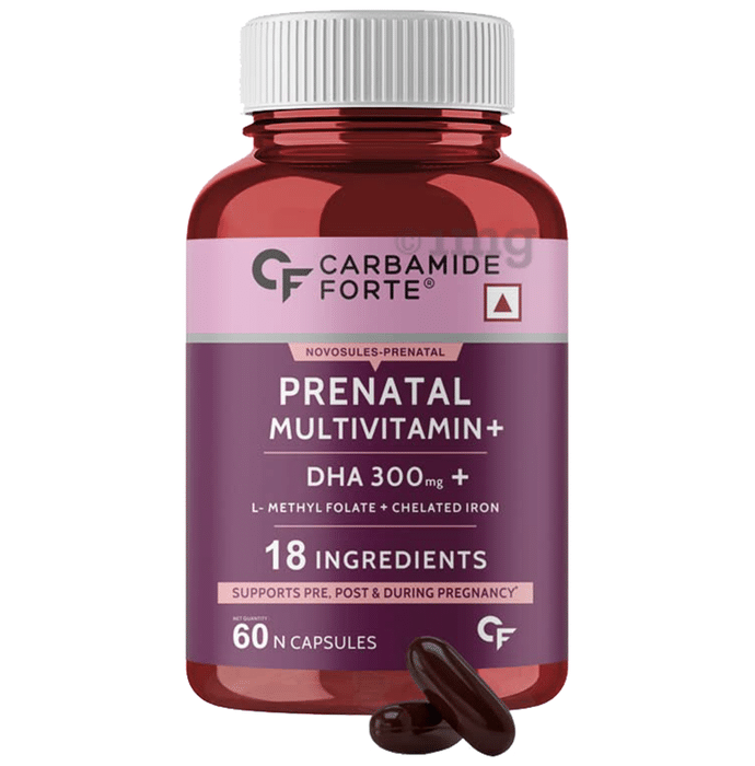 Carbamide Forte Prenatal Multivitamin with DHA 300mg, L-Methyl Folate, Chelated Iron | Capsule for Pregnancy Support