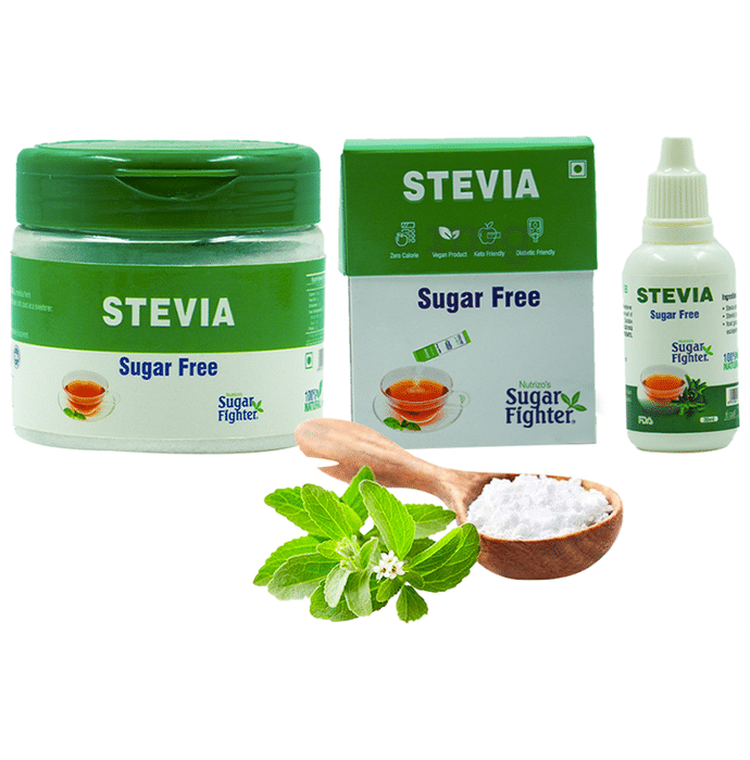 Sugar Fighter Combo Pack of Stevia Sugar Free Powder 100gm, Stevia Sugar Free Sachet 25 and Stevia Sugar Free Liquid 30ml