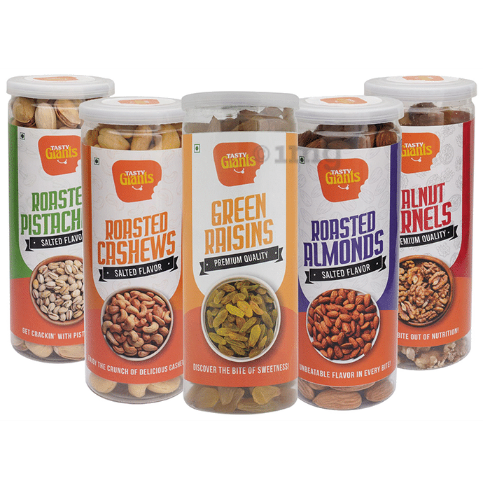 Tasty Giants Combo Pack of Roasted Cashews, Almonds, Pistachios, Walnut Kernels & Green Raisins