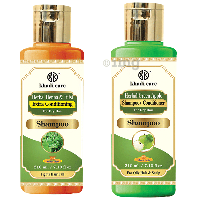 Khadi Care Combo Pack of Henna & Tulsi Extra Conditioning Shampoo & Green Apple Shampoo + Conditioner (210ml Each)