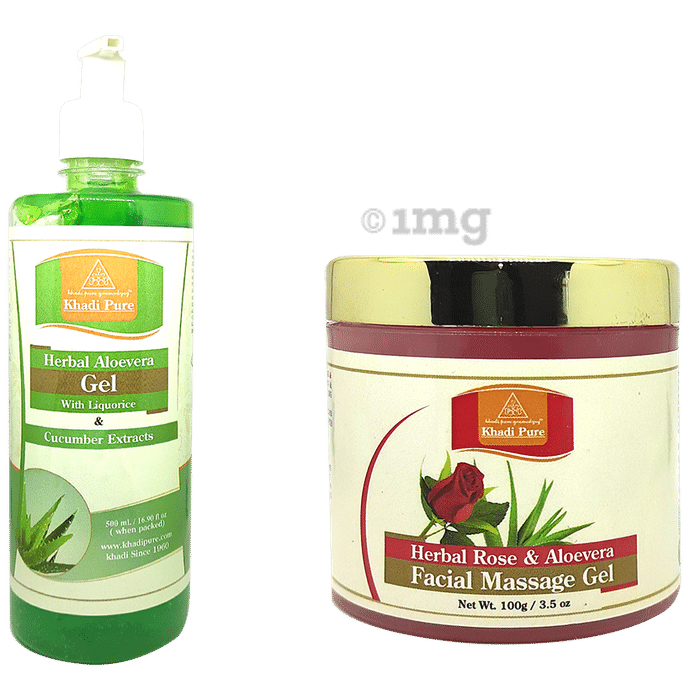 Khadi Pure Combo Pack of Herbal Aloevera Gel (500ml) and Herbal Rose & Aloevera Facial Massage Gel (100gm)