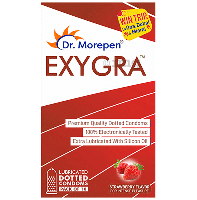 Dr. Morepen Exygra Dotted Condoms with Extra Lubricated Silicon Oil Strawberry