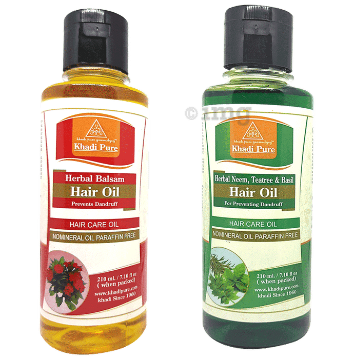Khadi Pure Combo Pack of Herbal Balsam Hair Oil & Herbal Neem, Teatree, & Basil Hair Oil Mineral Oil & Paraffin Oil Free (210ml Each)