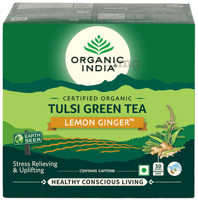 Organic India Lemon Ginger Tulsi Green Tea Infusion Bag (1.74gm Each)