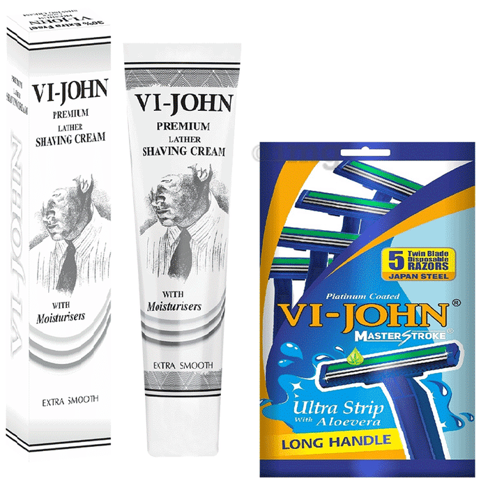 Vi-John Combo Pack of Premium Lather Shaving Cream (91gm) & Platinum Plated Master Stroke Razor (5)