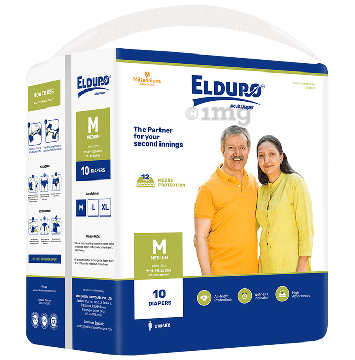 Elduro Unisex Adult Diaper, Wetness Indicator, All Night Protection, High Absorbency (10 Each) Medium