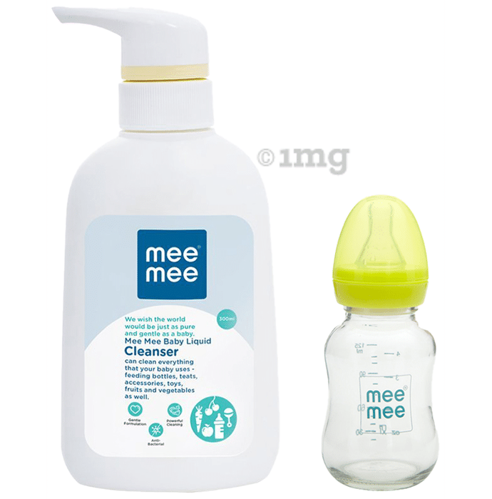 Mee Mee Combo Pack of Baby Liquid Cleanser (300ml) & Premium Glass Feeding Bottle - Blue (125 ml)