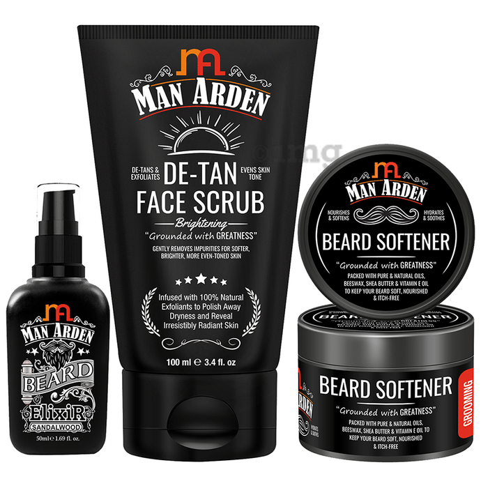 Man Arden Combo Pack of Beard Elixir Sandalwood (50ml), De-Tan Face Scrub (100ml) & Beard Softener (50gm)