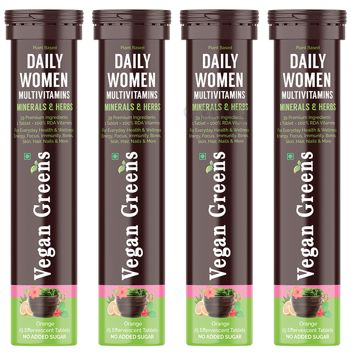 Vegan Greens Plant Based Daily Women Multivitamins Minerals & Herbs Effervescent Tablets (25 Each) Orange