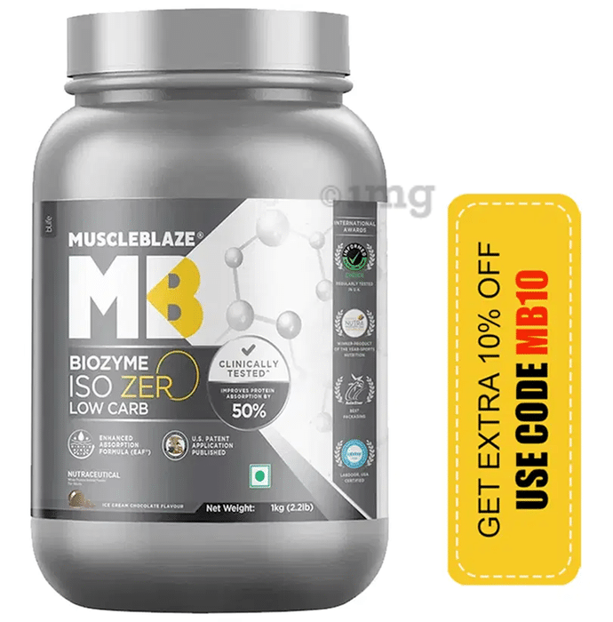 MuscleBlaze Iso Zero Low Carb | For Muscle Gain | Improves Protein Absorption by 50% | Flavour Powder Ice Cream Chocolate