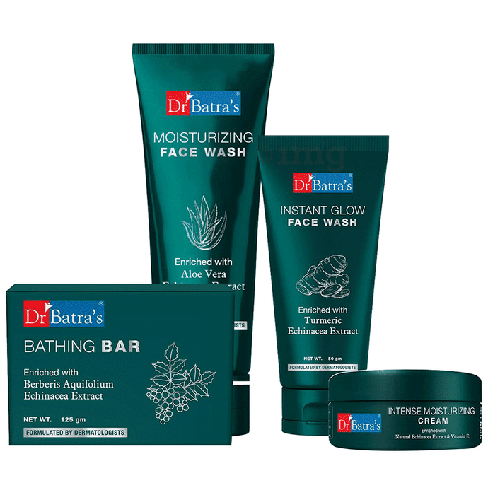 Dr Batra's Combo Pack of Moisturizing Face Wash 100gm, Instant Glow Face Wash 50gm, Skin Refreshing Bathing Bar 125gm and Intense Moisturizing Cream 100gm