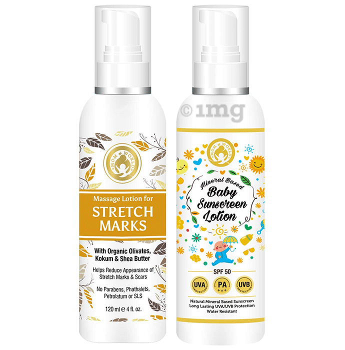 Mom & World Combo Pack of Stretch Marks Lotion & Baby Sunscreen Lotion (120ml Each)