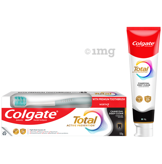 Colgate Total Toothpaste (150gm Each) Charcoal Deep Clean with a Premium Soft Toothbrush