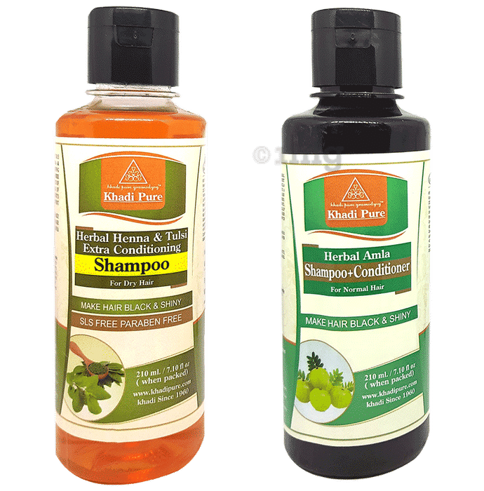 Khadi Pure Combo Pack of Herbal Amla Shampoo + Conditioner & Herbal Heena & Tulsi Extra Conditioning Shampoo SLS & Paraben Free (210ml Each)