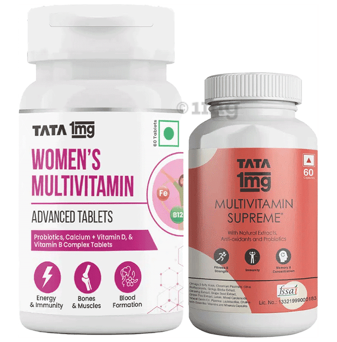 Combo Pack of Tata 1mg Women's Multivitamin Veg Tablet (60) & Tata 1mg Multivitamin Supreme, Zinc, Calcium and Vitamin D Capsule (60)
