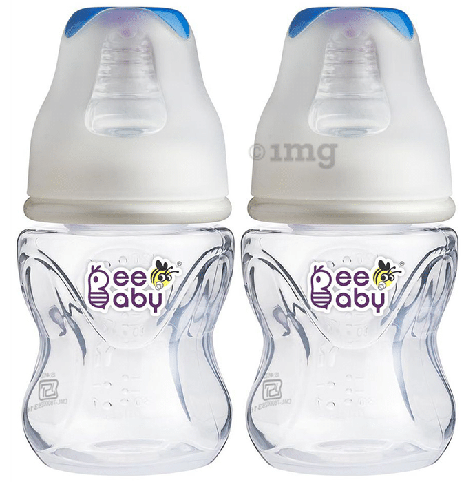 BeeBaby Comfort Slim Neck Baby Feeding Bottle with Slow Flow Anti-Colic Silicone Nipple. Infants 4 Months + (120ml Each) Blue