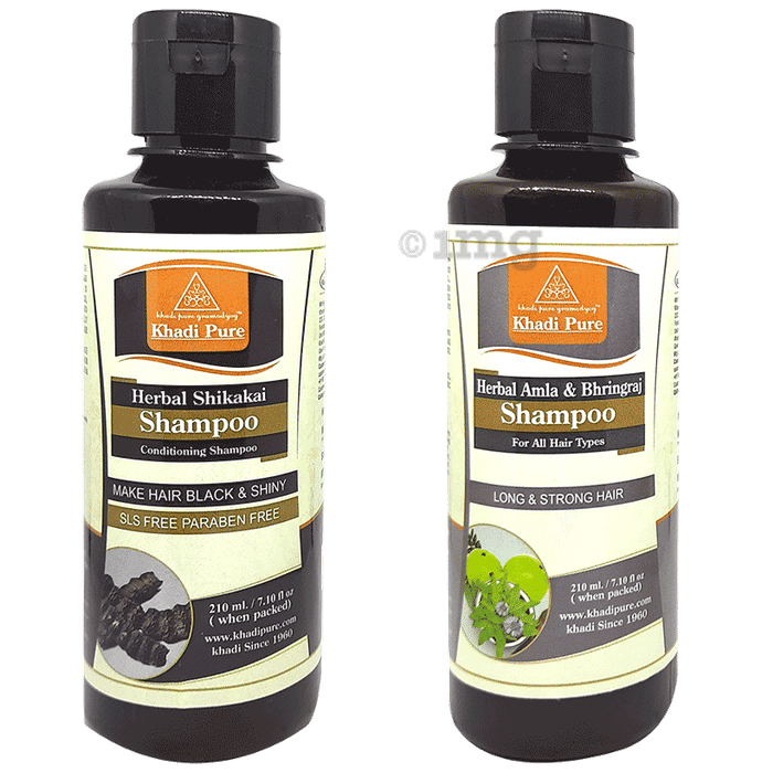 Khadi Pure Combo Pack of Herbal Amla & Bhringraj Shampoo & Herbal Shikakai Shampoo SLS Free & Paraben Free (210ml Each)