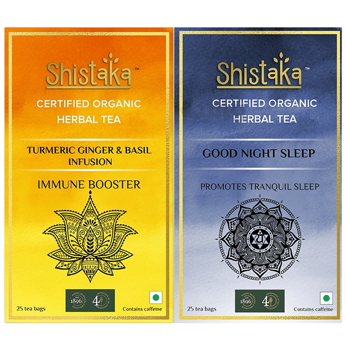 Shistaka Combo Pack of Certified Organic Herbal Tea (1.8gm Each) Turmeric Ginger & Basil Infusion & Good Night Sleep