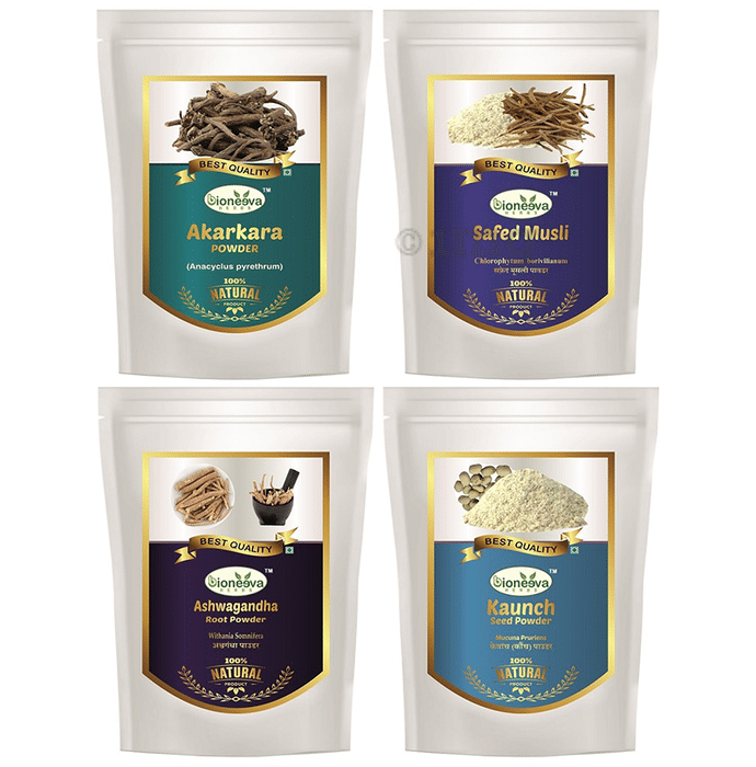 Bioneeva Herbs Combo Pack of Akarkara Powder, Safed Musli Root Powder, Ashwagandha Root Powder & Kaunch Seed Powder (100gm Each)