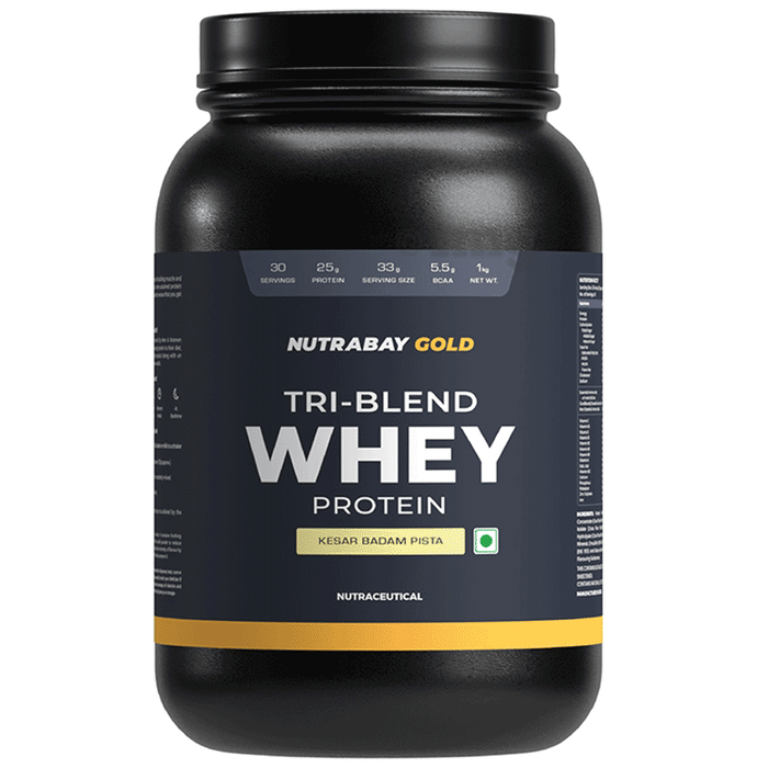 Nutrabay Gold Tri-Blend Whey Protein for Muscle Recovery & Immunity | No Added Sugar | Flavour Powder Kesar Badam Pista