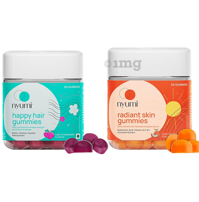 Combo Pack of Nyumi Happy Hair Gummies Lush Strawberry & Nyumi Radiant Skin Gummies Juicy Orange (50 Each)