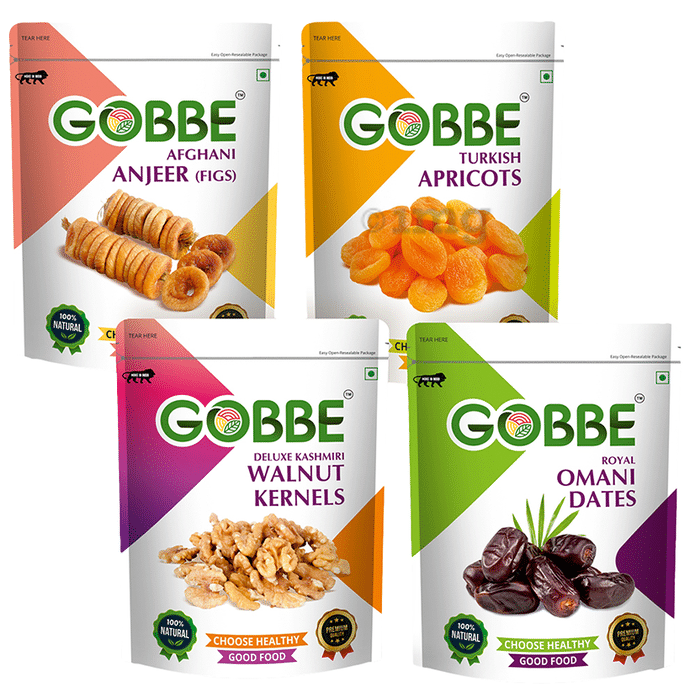 Combo Pack of Gobbe Afghani Anjeer (Figs), Turkish Apricots, Deluxe Kashmiri Walnut Kernels, Royal Omani Dates (200gm Each)