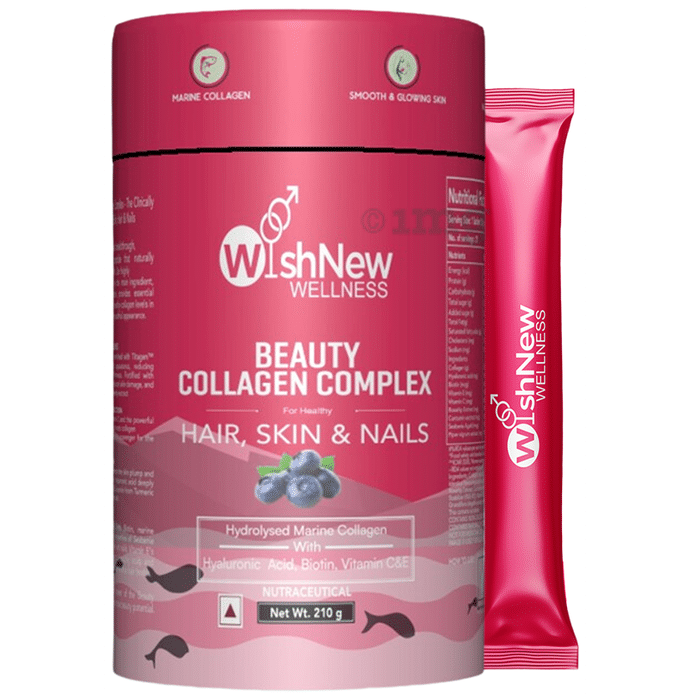 Wishnew Wellness Beauty Collagen Complex Sachet (10gm Each) for Healthy Hair, Skin and Nails with Hydrolysed Marine Collagen Hyaluronic Acid, Biotin & Vitamin C Blueberry