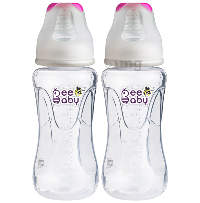 BeeBaby Comfort Slim Neck Baby Feeding Bottle with Slow Flow Anti-Colic Silicone Nipple 8 Months + (240ml Each) Pink