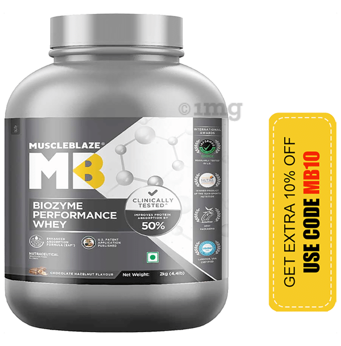 MuscleBlaze Biozyme Performance Whey Protein | For Muscle Gain | Improves Protein Absorption by 50% | Flavour Powder Chocolate Hazelnut
