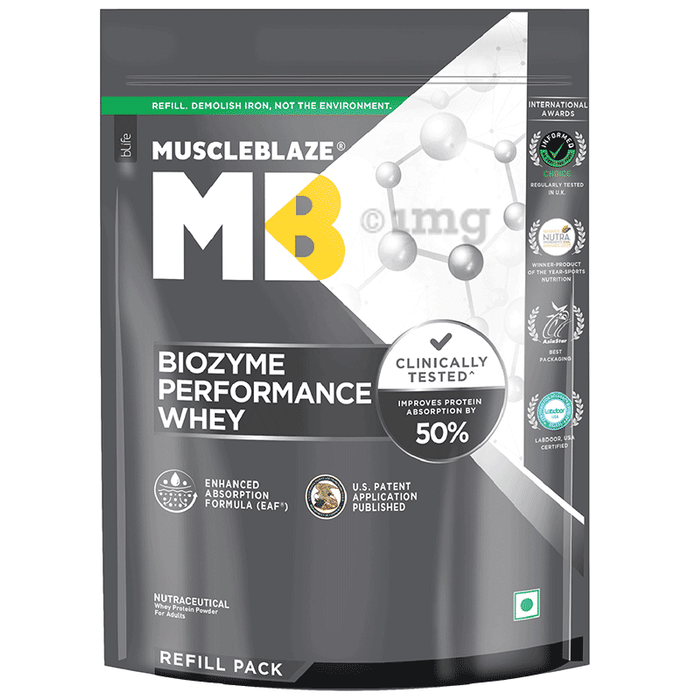 MuscleBlaze Biozyme Performance Whey Protein | For Muscle Gain | Improves Protein Absorption by 50% | Flavour Powder Unflavoured Refill Pack