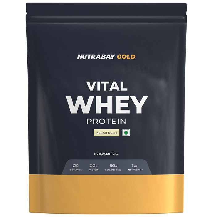 Nutrabay Gold Vital Whey Protein for Muscle Recovery | No Added Sugar | Flavour Powder Kesar Kulfi