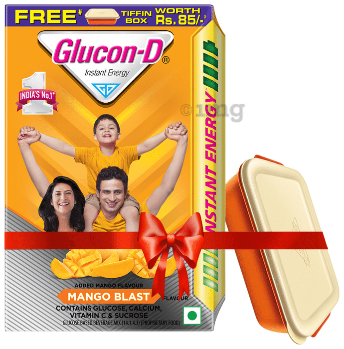 Glucon-D with Glucose, Calcium, Vitamin C & Sucrose | Flavour Mango Burst with Tiffin Box Free
