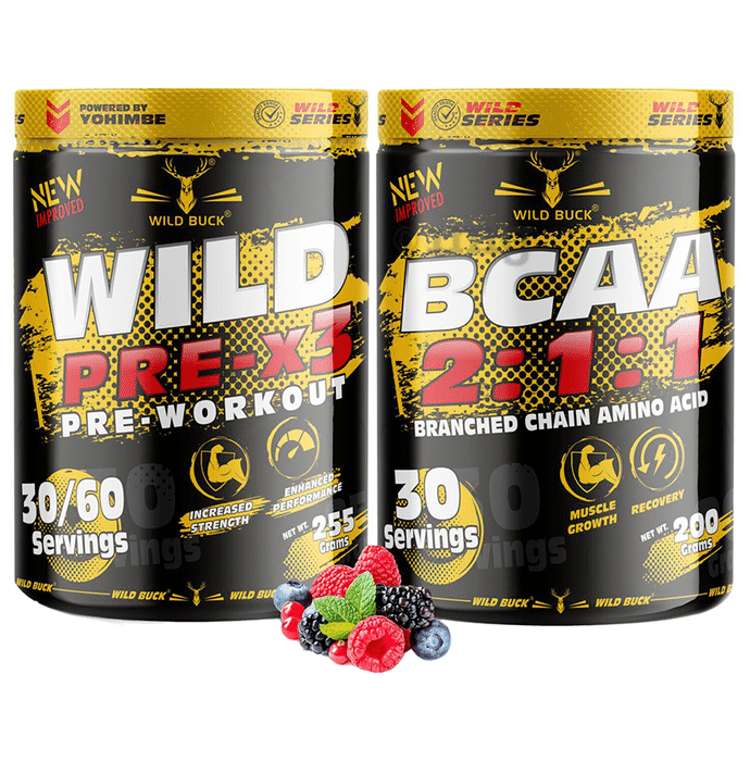 Wild Buck Combo Pack of Wild Pre-X3 Pre-Workout 255gm and BCAA 2:1:1 200gm Wild Berries