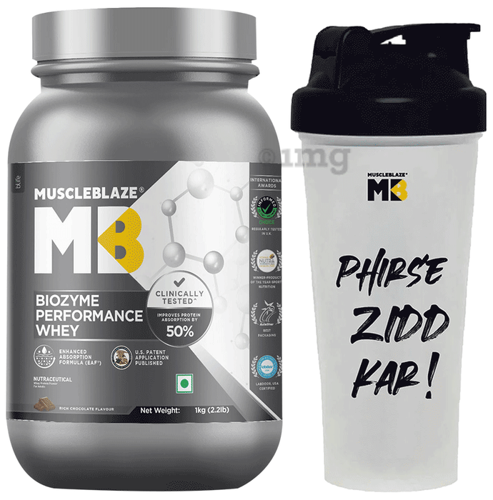 MuscleBlaze Biozyme Performance Whey Protein | For Muscle Gain | Improves Protein Absorption by 50% | Flavour Powder Rich Chocolate with Shaker 650ml