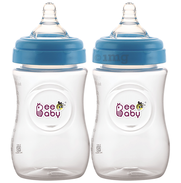 BeeBaby Ease Wide Neck Baby Feeding Bottle with Medium Flow Anti-Colic Soft Silicone Nipple 8 Months + (300ml Each) Blue