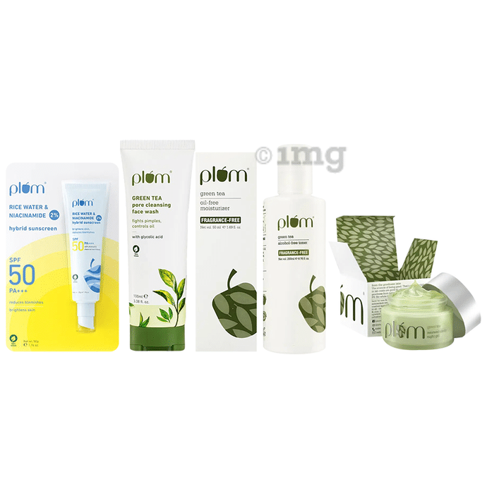 Plum Combo Pack of Green Tea Alcohol-Free Toner (200ml), Green Tea Pore Cleansing with Glycolic acid Face Wash (100ml), Green Tea Renewed Clarity Night Gel (50gm), Green Tree Oil-Free Moisturiser | Fragrance-Free (50ml) & 2% Niacinamide and Rice Water Hybrid Face Sunscreen SPF 50 PA+++ (50gm)