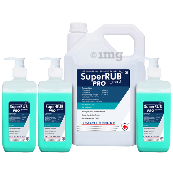 Super Rub Combo Pack of Pro Alcohol Based Rapid Hand Disinfectant 3x500ml with 5ltr Can