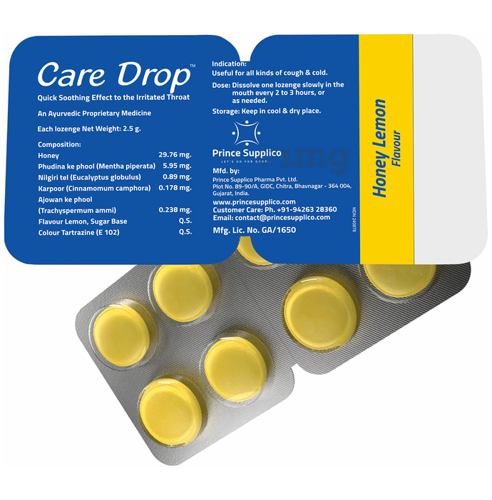 Care Drop Lozenges | Quick Soothing Effect to the Irritated Throat (8 Each) Honey Lemon