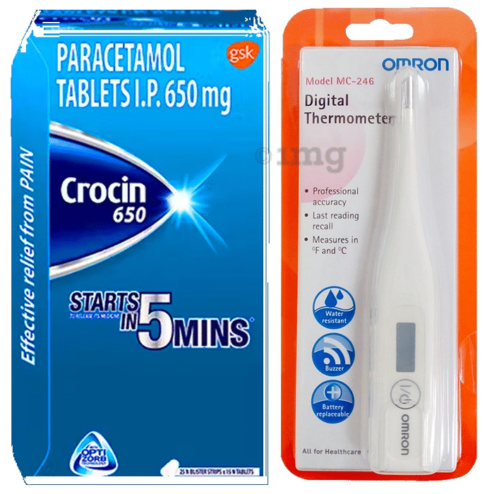 Fever Management Combo of Omron MC 246 Thermometer & Crocin 650 Tablet 15s