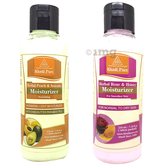 Khadi Pure Combo Pack of Herbal Rose & Honey Moisturizer & Herbal Peach & Avocado Moisturizer with Sheabutter & Paraben Free (210ml Each)