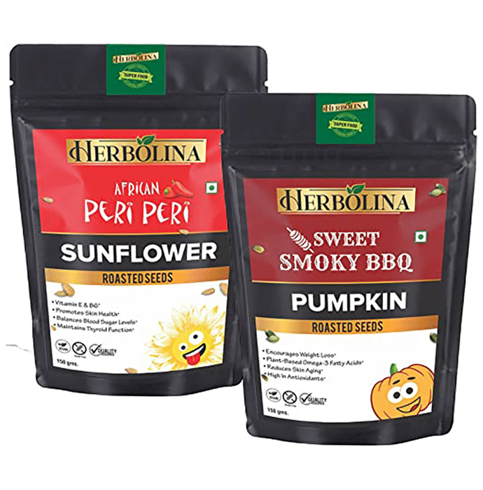 Herbolina Pumpkin & Sunflower Roasted Seeds (150gm Each) African Peri Peri & Sweet Smoky BBQ