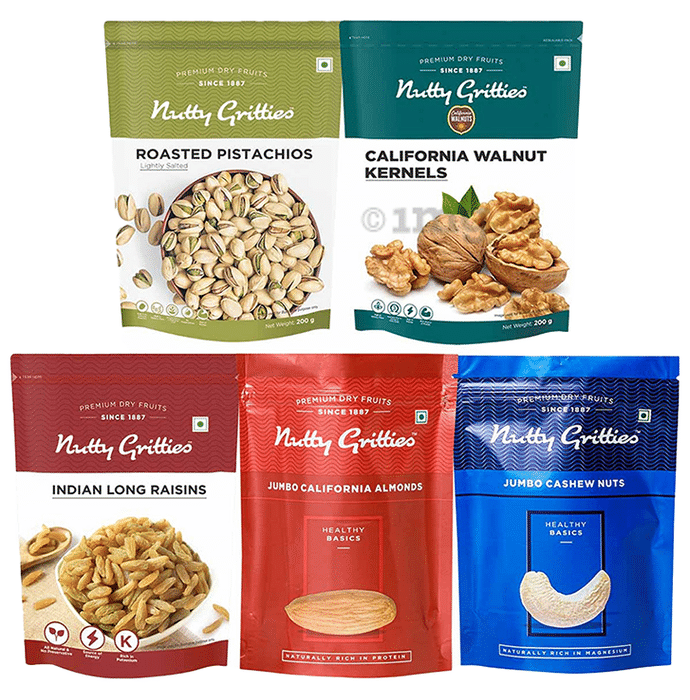 Nutty Gritties Combo Pack of Roasted Pistachios, California Walnut Kernels, Indian Long Raisins, Jumbo California Almonds, Jumbo Cashew Nuts (200gm Each)